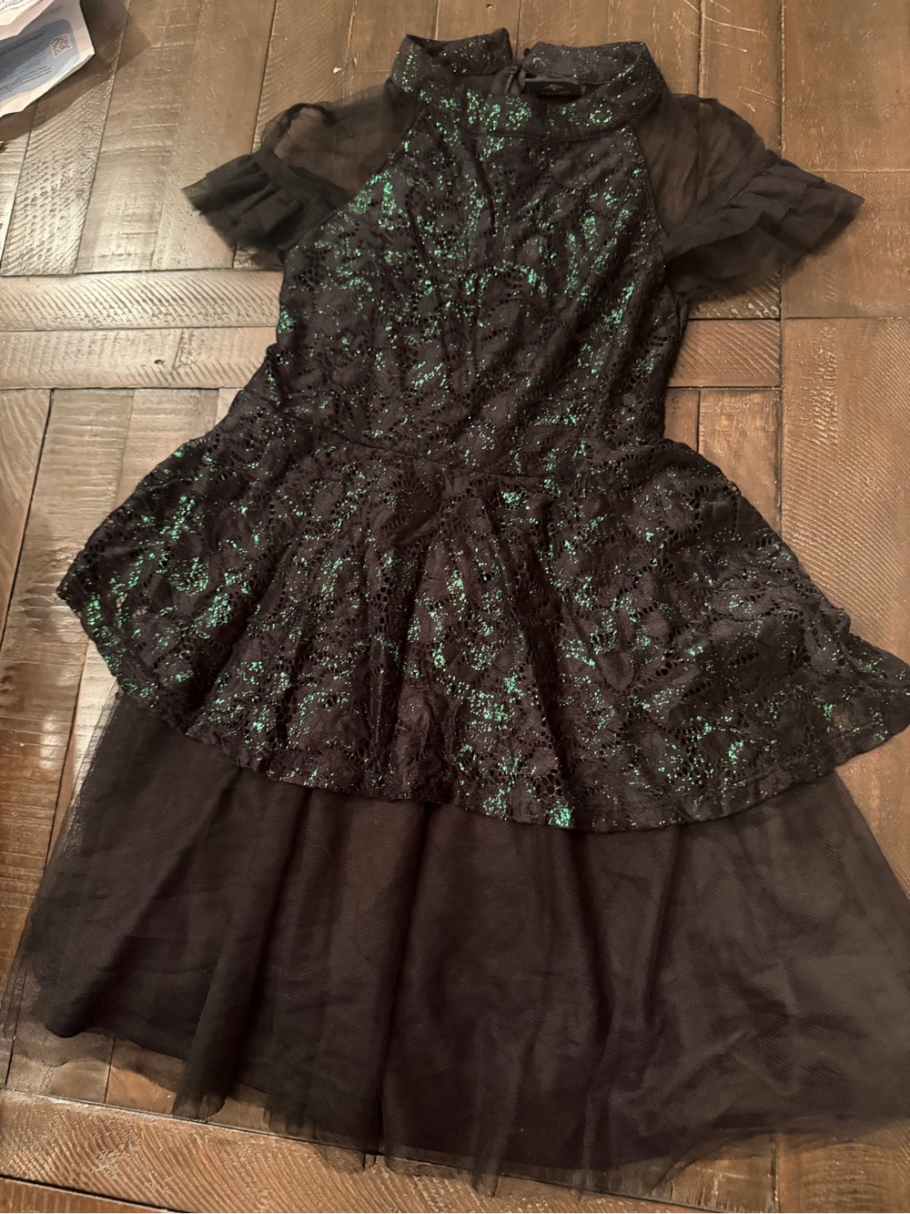 Girls Black Dress with Green Sequin Detail - Peplum Tulle Style